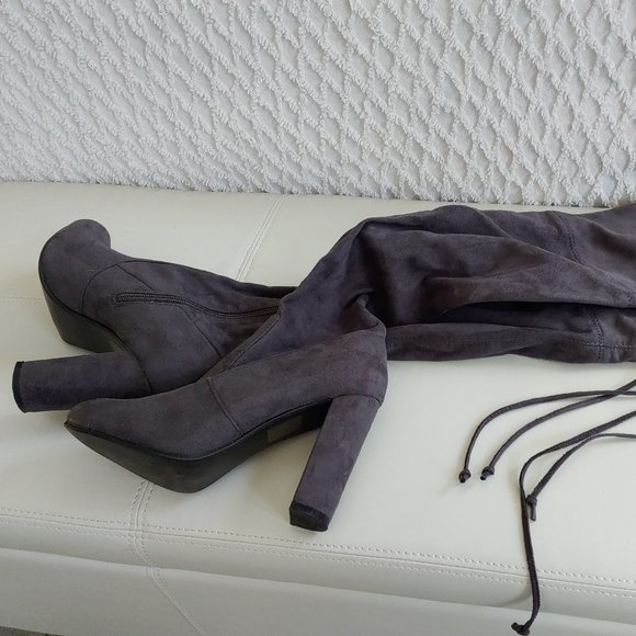 Source Unknown Shoes - Over The Knee Faux Suede Block Heel Boots String Detail